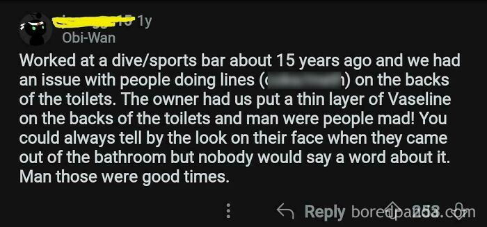 Comment describing a chaotic good act at a bar involving Vaseline on toilets to deter drug use with good intentions.
