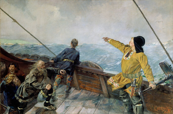 Viking explorers on a wooden ship navigating rough seas, illustrating archeological discoveries challenging history lessons.