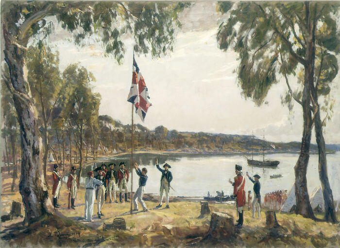 Historical archeological discovery depicting early colonial landing with soldiers raising a flag by a riverside surrounded by trees.