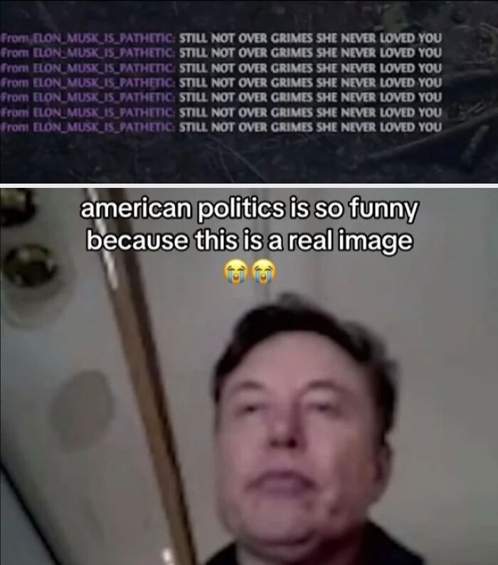 Screenshot of a chaotic good act in politics showing repeated harsh messages and a man reacting humorously.