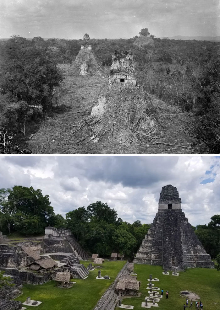 Then and now photos showing ancient ruins in a forested area highlighting how places have changed over time.