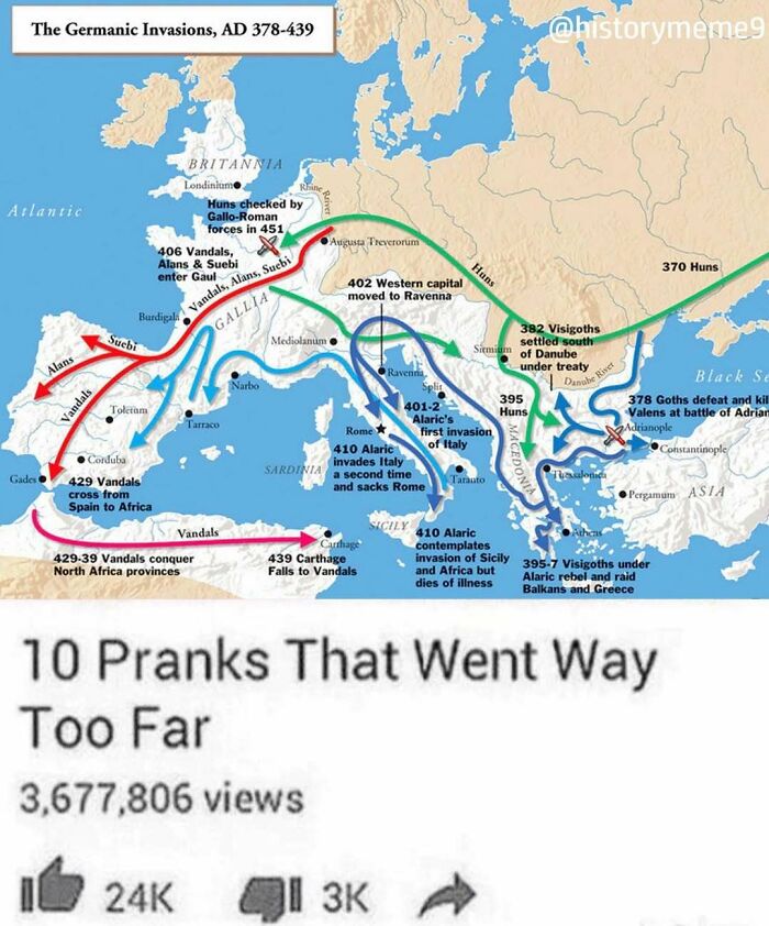 Map showing Germanic invasions in Europe during AD 378-439 with routes and key historical events in history memes.