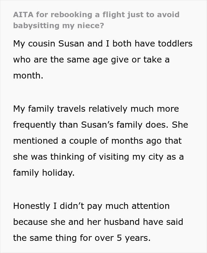 Person reading a message on a smartphone about rebooking a flight to avoid babysitting niece situation.