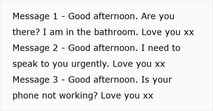 Text messages showing urgent communication with repeated expressions of love, highlighting wedding drama involving bride's dad.