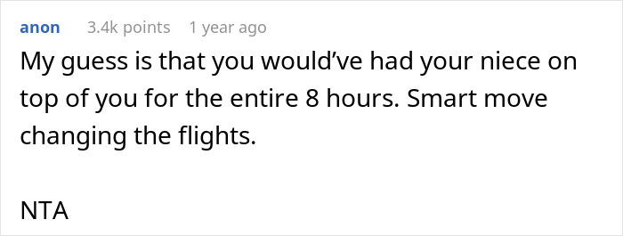 Reddit comment discussing rebooking a flight to avoid babysitting a niece, supporting the decision as smart and justified.