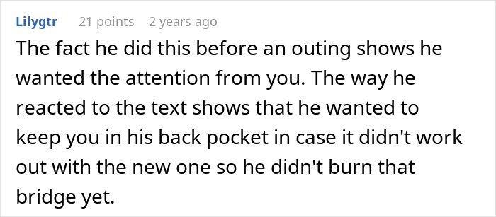 Reddit comment explaining a man asking for divorce and reacting madly to his wife joking about it afterward.