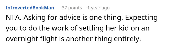 Screenshot of a Reddit comment discussing rebooking a flight to avoid babysitting a niece during an overnight trip.